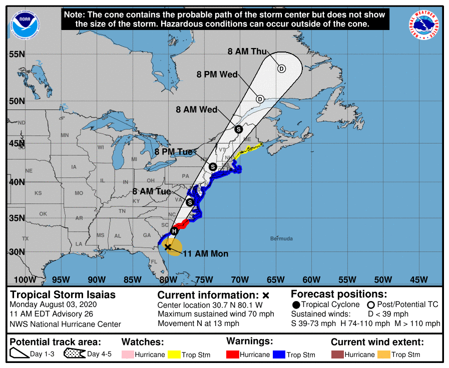 NHC Advisory as of 11am. Isaias making landfall near SC/NC border this afternoon. 