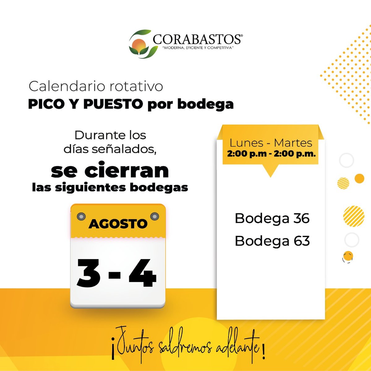 CorabastosSA's tweet photo. #CORABASTOSContigo 

🙋🏻‍♂️Como medida preventiva y en cumplimiento a lo ordenado por el distrito,  hoy 3 Agosto  a las 2 p.m. hasta las 2 p.m. de mañana, las bodegas mencionadas no🚫 prestarán servicio.

#corabastos #EstáEnTusManos  #PrevenciónYAcción https://t.co/3oylNepi89