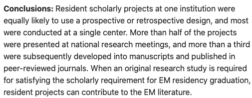 AliRaja_MD's tweet image. Ten-year experience w/ #EMresident research project requirement
James F Holmes, MD et al  @UCDavisEM 
pubmed.ncbi.nlm.nih.gov/16569749/
@AcademicEmerMed 
#EMResidentResearch #EMLit