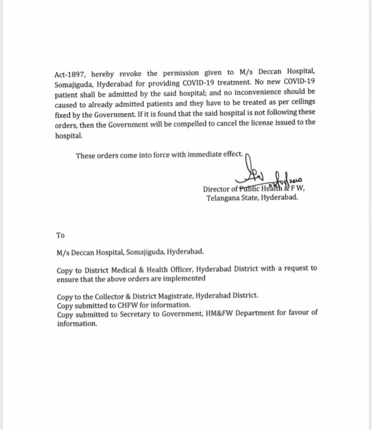 #DeccanHospital , Somajiguda can no longer treat #Covid_19 patients , State Govt revokes permission given to hospital after multiple complaints of over-charging patients came into knowledge of govt. #TelanganaGovt
#PermissionOfHospital #HyderabadHospital #TelanganaFightsCorona