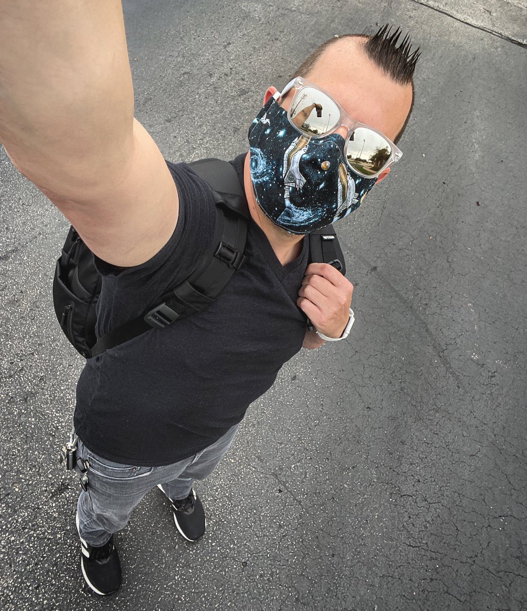 martinmoorejr's tweet photo. Good morning Milwaukee.

This is my sweet Space Shuttle mask because I’m a huge space nerd.
#noappologies #NASA https://t.co/bsIeX17cLm