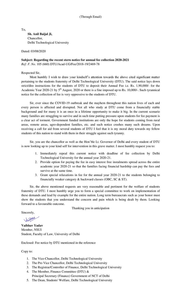 VaibhavConnects's tweet photo. I wrote to @LtGovDelhi &amp; DTU VC on behalf of @nsui, putting forward the demands of students of Delhi Technological University against such tyrannical notices. We will continue our fight for students welfare. 
@Neerajkundan @guptar 
#dtufeesrelaxation #dtufeeconcession https://t.co/s4g130Zjry