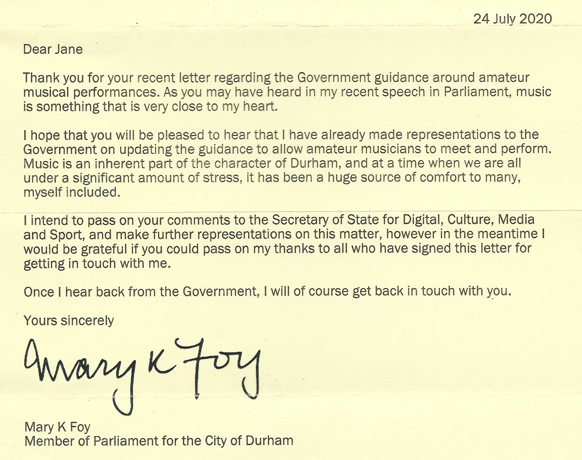 musicdurham's tweet photo. Delighted to have received this really supportive reply from @marykfoy to our letter about amateur music in Durham and to discover that we have an MP who shares our passionate love of music. @MakingMusic_UK #BringBackMyChoir #BringBackMyBand https://t.co/PuGtI2WGsY
