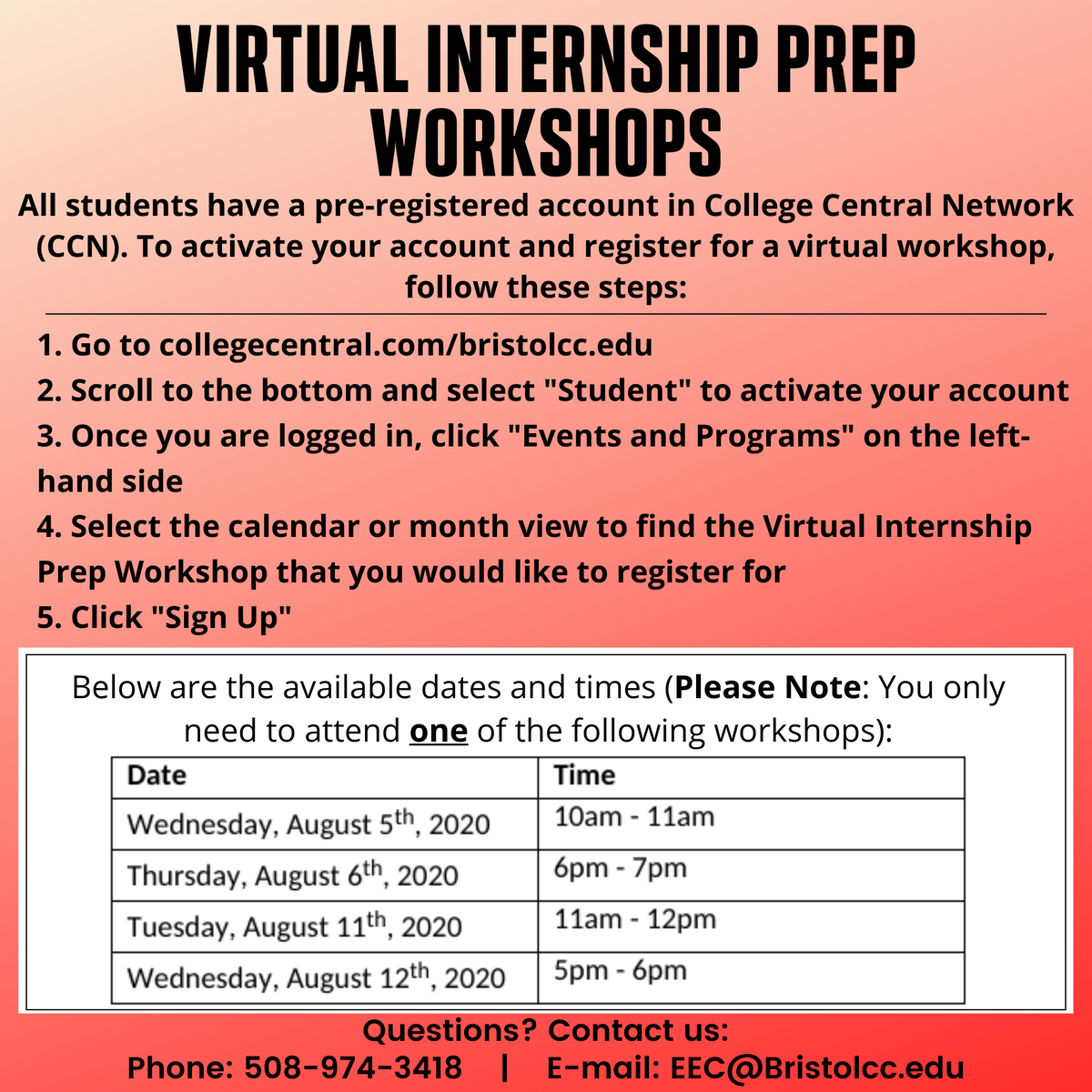 August dates are now available for our workshops! Join us in a Virtual Internship Prep Workshop to learn how you can gain hands-on experience in your field of interest while also earning college credit! Comment below or contact us at EEC@bristolcc.edu if you have any questions!