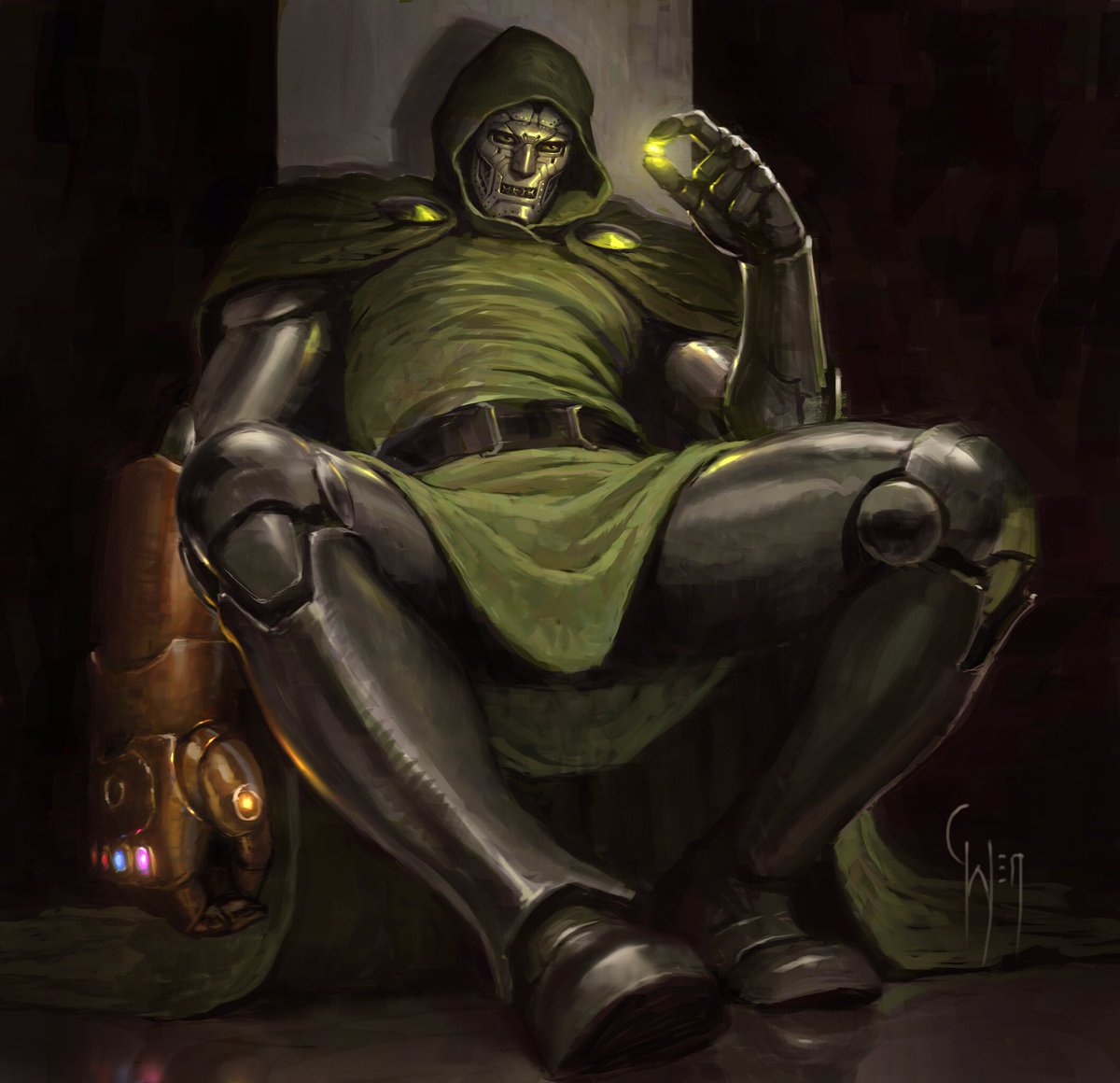 Dr Doom takes the Infinity Gauntlet😱 * Didn’t spend time redesigning him for the big screen- just wanted to throw out a fun “what if”... * this image is not done for Marvel Studios. * * #drdoom #victorvondoom #marvel #whatif #throne #marvelvillain #fantasticfour #imcharliewen