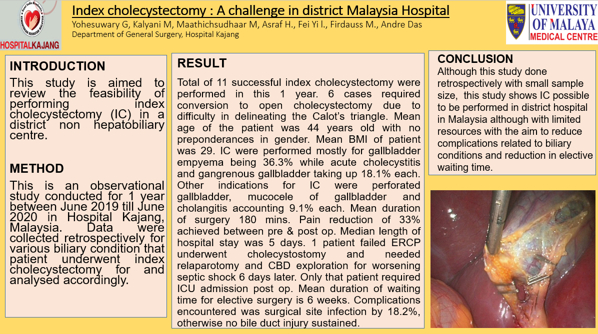 YGunarasa's tweet photo. I am Dr.Yohesuwary from Malaysia. My study is about index cholecystectomy in a district hospital @HospitalKajang in Malaysia. @kkmputrajaya

#myhpbeposter for #ASEANLHC2020 https://t.co/Kb2Cx2KdQY