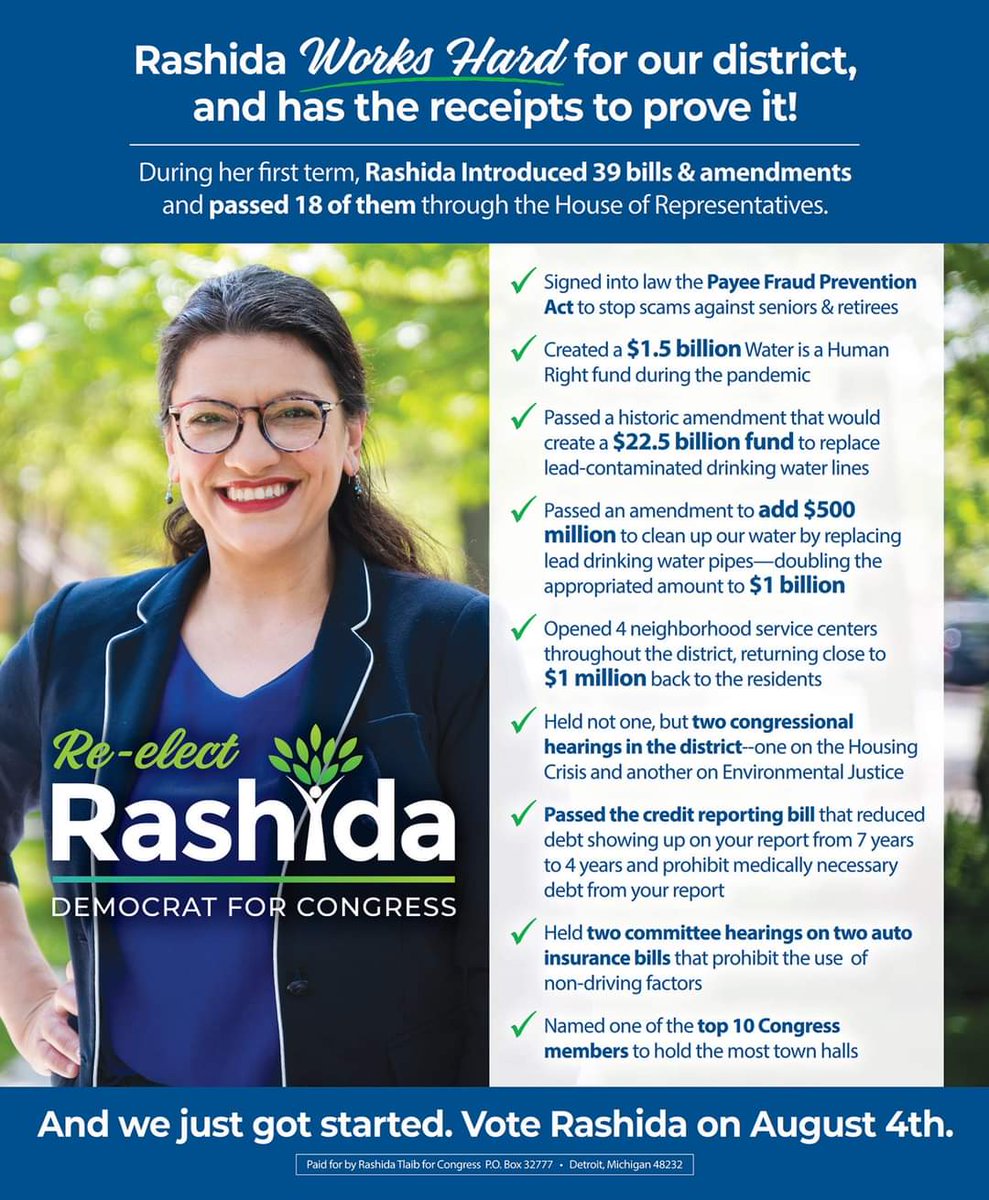 RashidaTlaib's tweet photo. Nothing will ever stop me from putting you &amp; your family first. 

I work hard for our district and have the receipts to prove it. ⬇️⬇️

I hope I can count on your support tomorrow, Tuesday, August 4th. 

#rootedincommunity https://t.co/WyOxP33h8t