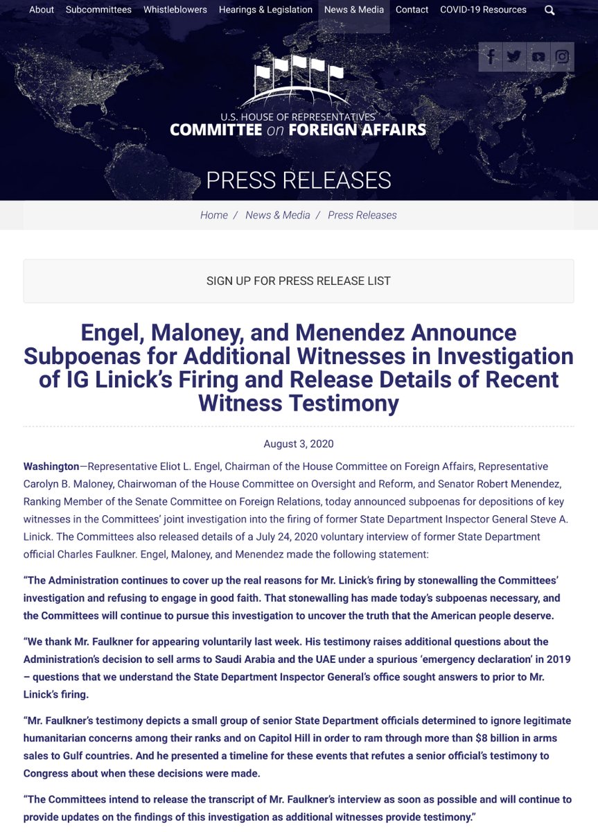 whooozaaahh https://foreignaffairs.house.gov/2020/8/engel-maloney-and-menendez-announce-subpoenas-for-additional-witnesses-in-investigation-of-ig-linick-s-firing-and-release-details-of-recent-witness-testimony