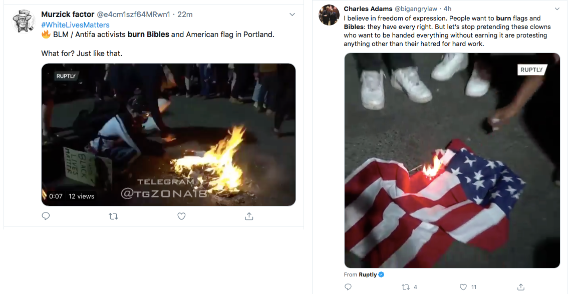Over the weekend a small group of Portland protestors decided 2 burn a Bible then a flag. The incentives are not clear & its also not clear how this relates 2 protesting Police Brutality. In any case Russian Ruptly was of course in exactly the right place to film it all.  #InfoOps