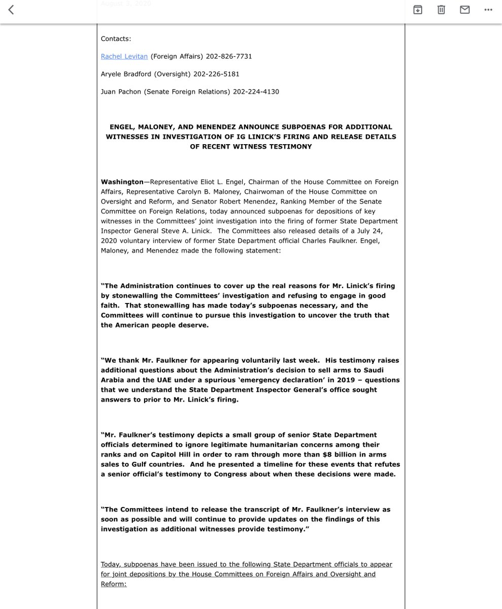 INBOXsubpoenas issued to  @StateDept officials to appear for joint depositions• Brian Bulatao, Under Secretary of State for Mgmt• Marik String, Acting State Department Legal Adviser• Michael Miller, DA SoS for Political-Military Affairs• Toni A. Porter, Senior Adviser