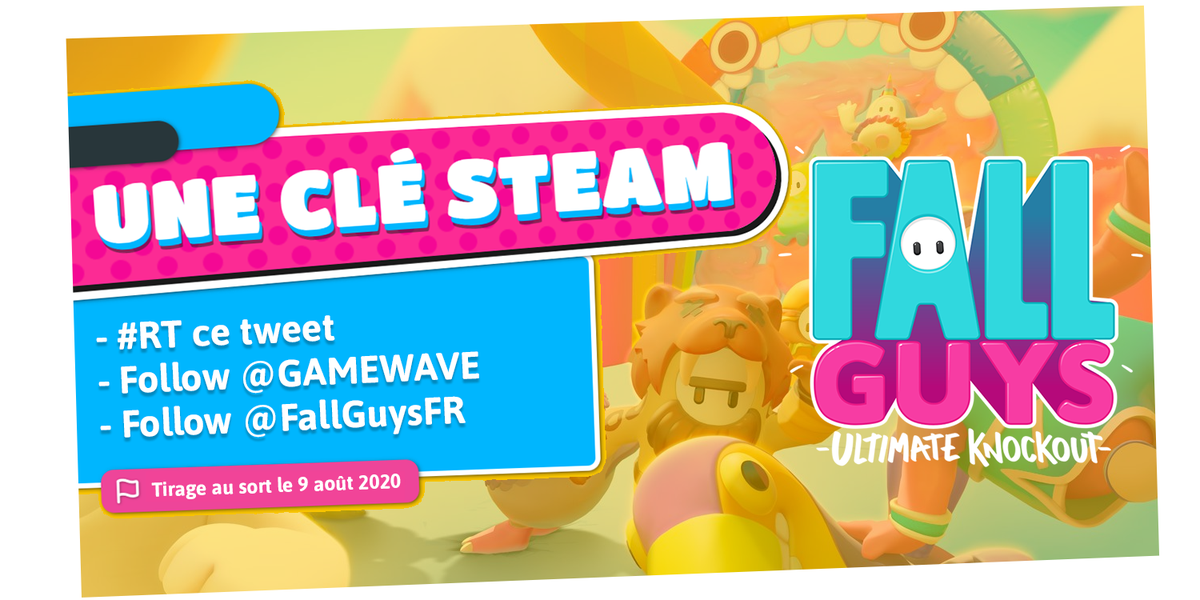 GAMEWAVE's tweet photo. 🎁 #CONCOURS 🎁

Tente de gagner une clé Steam pour le déjanté #FallGuys, le titre multijoueur développé par @Mediatonic et édité par @devolverdigital.

Pour participer : 
- #RT ce tweet
- Follow @GAMEWAVE 
- Follow @FallGuysFR

🗓️TAS le 9 août 2020  

Bonne chance à tous 🍀 https://t.co/bebGfwlR5w