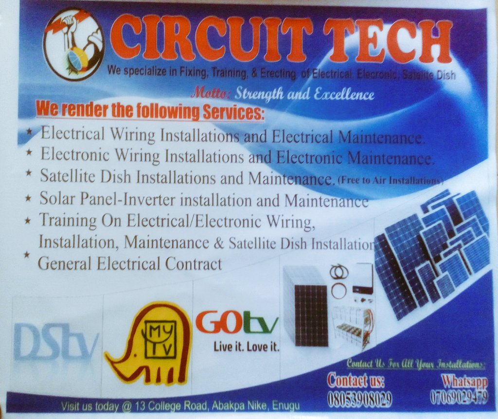 CIRCUITTECH4's tweet image. CONTACT US FOR ALL YOUR ELECTRICAL, ELECTRONIC, SATELLITE DISH, SOLAR-INVERTER INSTALLATIONS