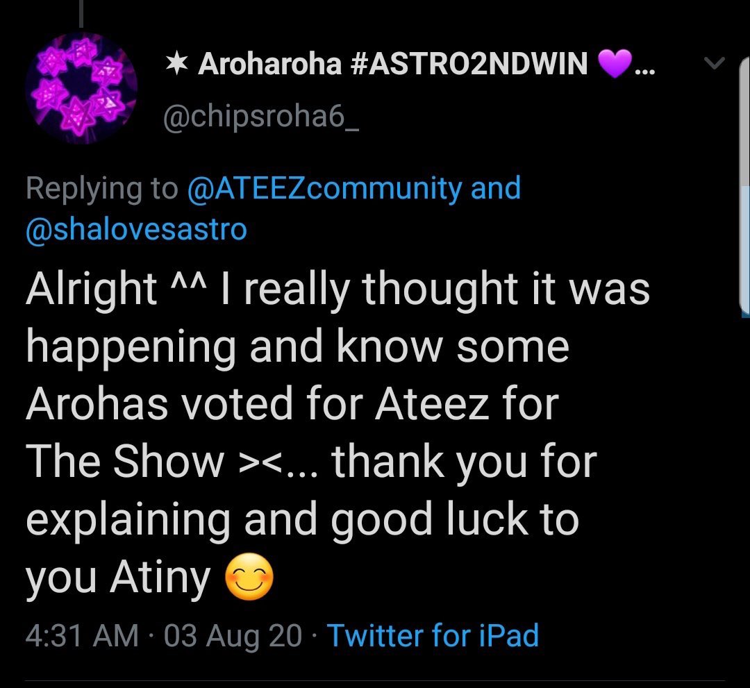 Ateez’s big accs have been focusing solely on this comeback, and have even disuaded Atiny from voting for Astro. Which Aroha quite literally realized they had been wrong and ‘thought it was happening’. Just going to show that their info is false.
