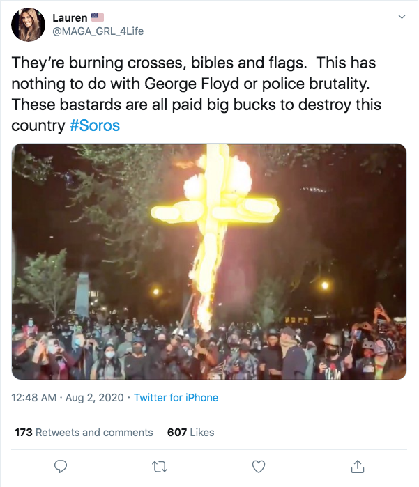 More idiots that fell for the digitally altered image showing a "fake burning cross" at the Portland Protests. And of course it is being magically funded by  #Soros the far-right boogeyman.  #BLM  #Portland  #osint  #InfoOps  #disinfo