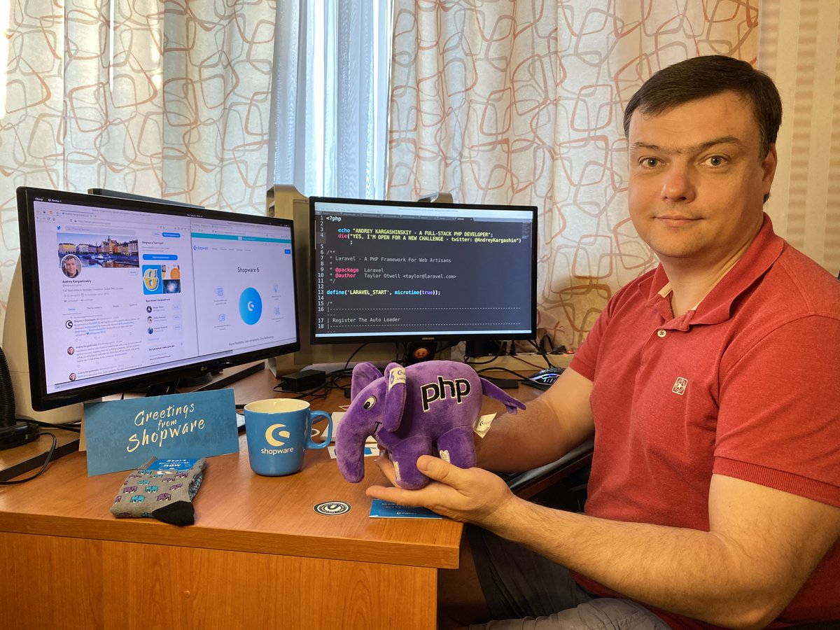 AndreyKargashin's tweet image. I&apos;m so happy!!! Today I got my first #PHP elephant the #Shopware #codyvuelette from the sponsor of #DPC20. Thank you @ShopwareDevs !!!! 😀