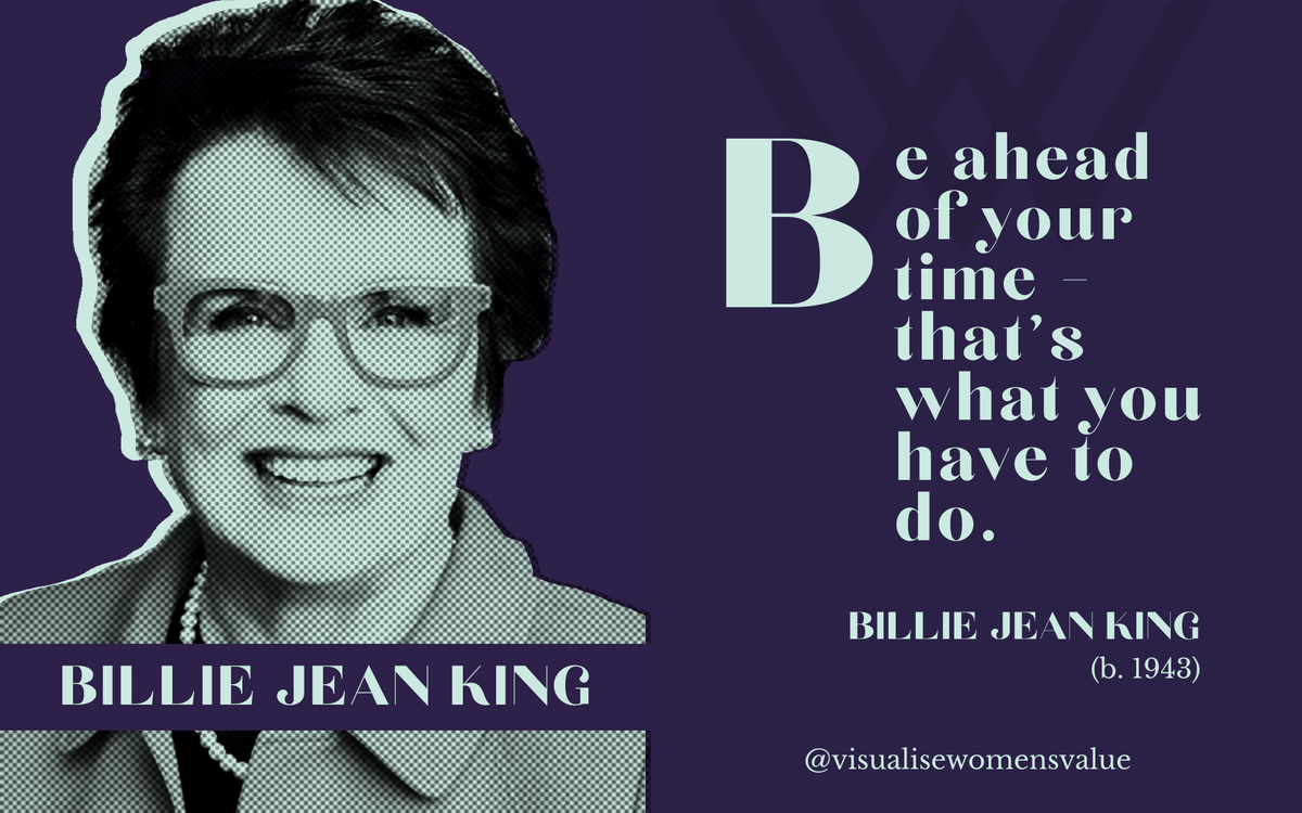visualisewomen's tweet image. Always a good day to visualise the amazing @BillieJeanKing
.
Read more about her pioneering contribution to the ever so important fight for equality 💪💥
.
➡️ visualisewomensvalue.com/billie-jean-ki…
.
#visualisewomensvalue #EqualityForAll #billiejeanking #battleofthesexes #femaleprotagonism