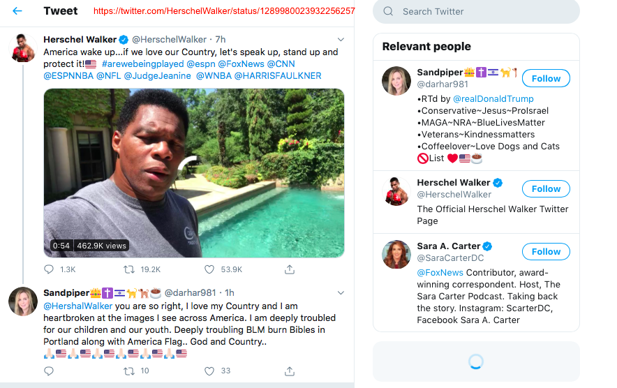 This fake burning cross even made it to a number of high profile accounts like former NFL football star, Herschel Walker who lamented in this video (with almost 1 mill views) about how he was saddened that protestors would burn a cross in Portland. They of course did not do that.
