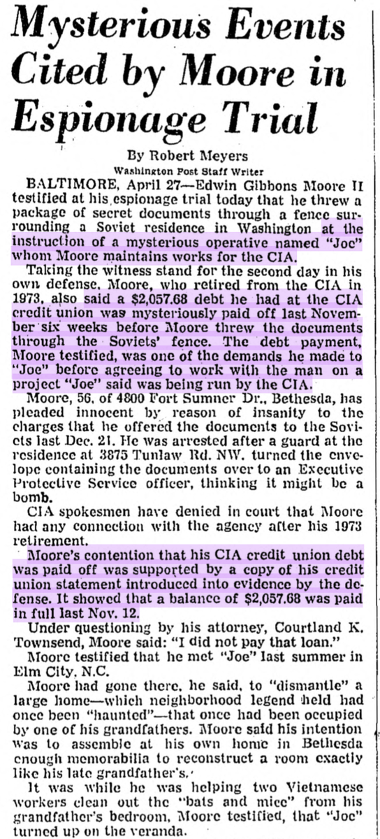 Back to Moore. He testified he had been recruited (post-retirement) by a CIA agent, 'Joe' to participate in a covert operation. This is how he got a hold of all the CIA documents. Moore's testimony suggests some kind of frame-up/rat-fucking