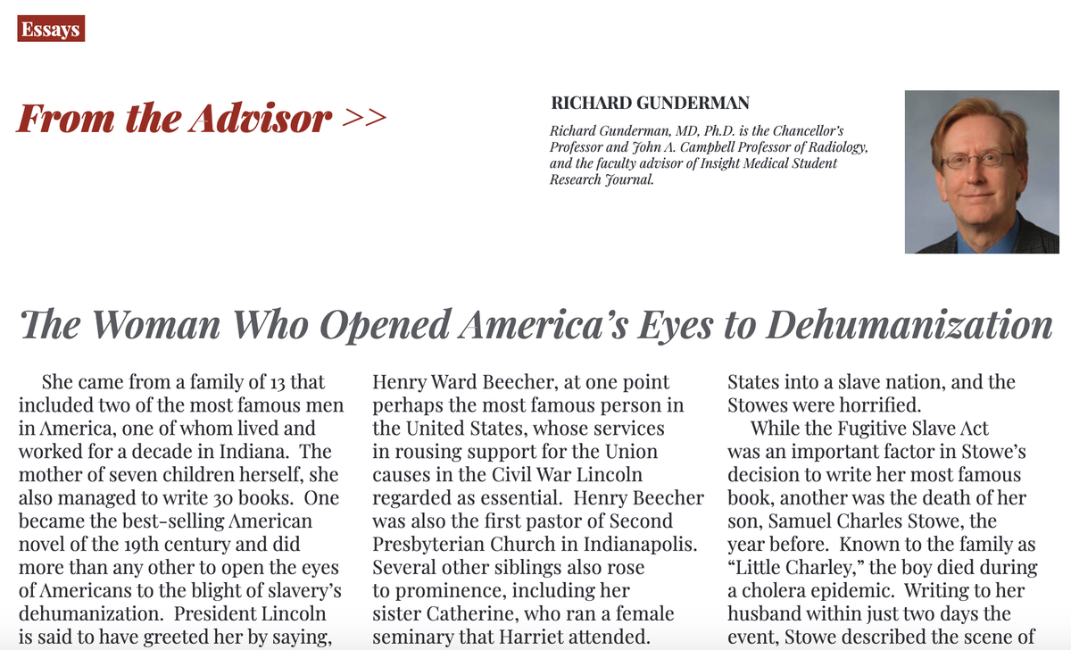 insight_journal's tweet photo. In the #newissue, Dr. Richard Gunderman writes on "The Woman Who Opened America's Eyes to Dehumanization," the timeless story of Harriet Beecher Stowe and her lessons for the medical profession and medical advocacy today. @GundermansBook | https://t.co/Yt0USmdW6z https://t.co/9YwF0xC0ut