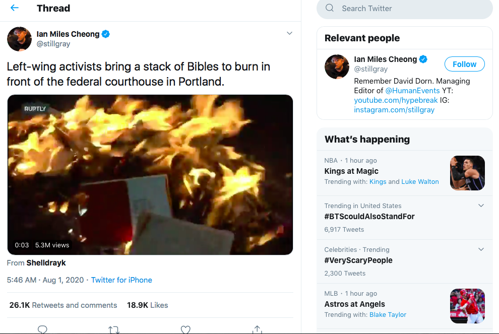 Here is the original Ian Miles Cheong  @stillgray tweet where he got the original video from the  @shelldrayk account. Again there were not Bibles ... it was a single Bible and a bunch of other street trash protestors had collected.  #infoOps  #osint  #disinfo