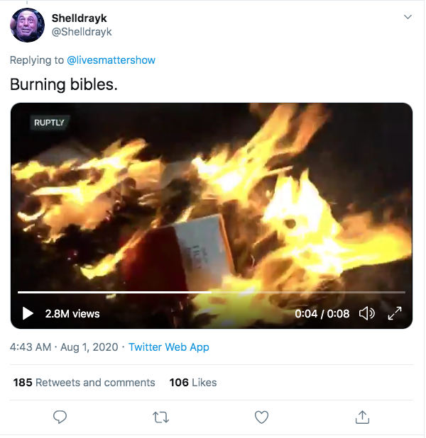 Here is the original Ian Miles Cheong  @stillgray tweet where he got the original video from the  @shelldrayk account. Again there were not Bibles ... it was a single Bible and a bunch of other street trash protestors had collected.  #infoOps  #osint  #disinfo