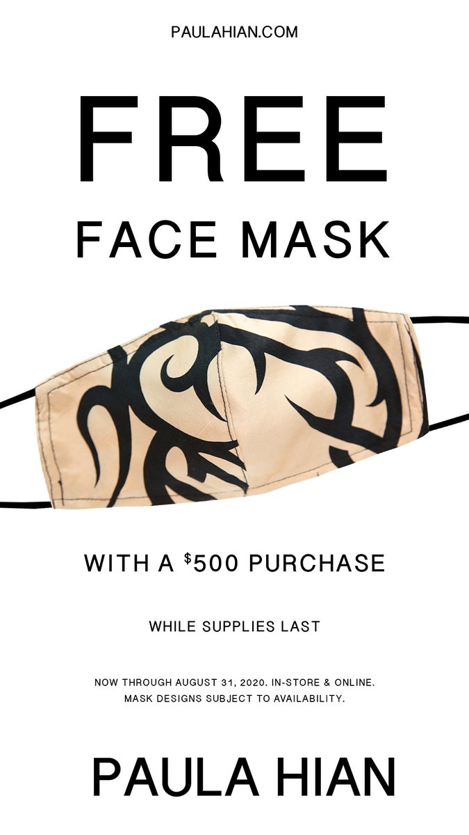 PaulaHian's tweet photo. FREE face mask with a $500 purchase! Limited time only! In-store at our King of Prussia Mall boutique &amp; online. While supplies last. Now through August 31, 2020.

Shop under $750:
https://t.co/dJGdrTkgrR

#FaceMask #FaceMasks #OneOfAKind #DesignerFaceMasks #OneOfAKindFaceMasks https://t.co/Vb6NbNzuit