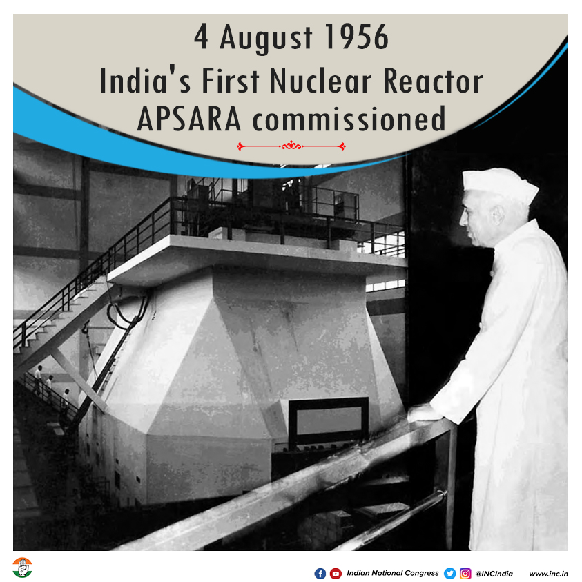 INCIndia's tweet photo. Marking the beginning of what is today acclaimed internationally as the success story of the Indian Nuclear Programme, the first Indian Nuclear Reactor, APSARA, was commissioned this day in 1956. PM Nehru later dedicated it to the Nation in January 1957. https://t.co/ke3nibaoYT