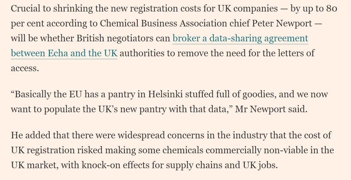 It also means as Peter Newport boss of Chemical Business Association tells me, that because UK is only 10-12% of total EU market, there will chemicals/products that are just not worth registering. That will hit downstream users /12