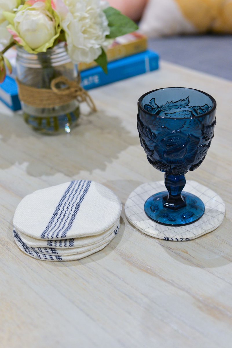#MakeItYourselfMonday: Looking for new coasters or something to do with old fabric?? Try out these super simple n cute DIY Fabric Coasters! Check out our Facebook post for the full instructions 🍶