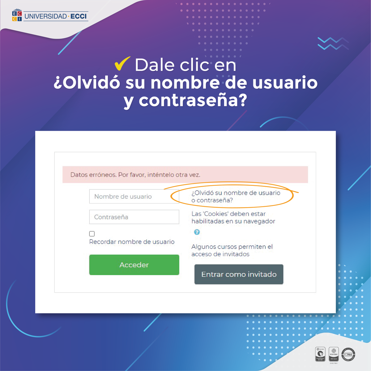 EcciVirtual's tweet photo. ¡Si olvidaste tu contraseña en Aulas Virtuales sigue estos pequeños pasos! https://t.co/y1Fc7VyRJ7