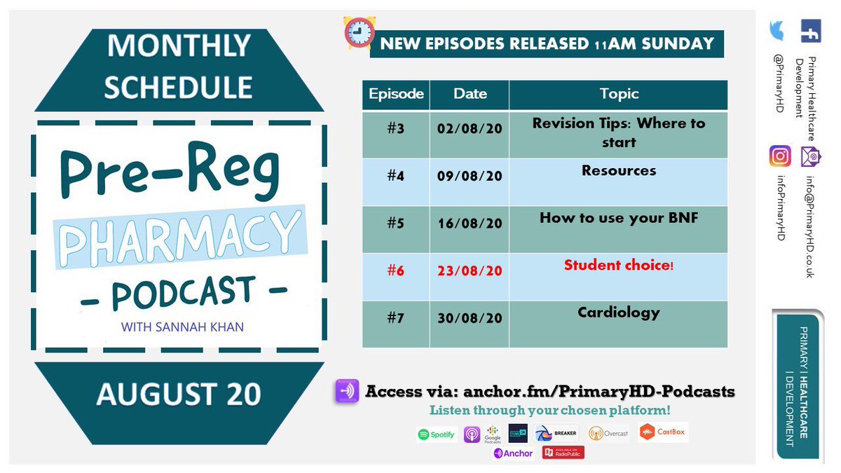 Schedule for this month’s #PreReg #Pharmacy #Podcast episodes now available‼️

To provide suggestions for the ‘Student Choice’ episode, JOIN our Telegram Support group 📝

Inbox us for Support Group Link 📩

🎧 Listen via: anchor.fm/PrimaryHD-Podc… 🎧