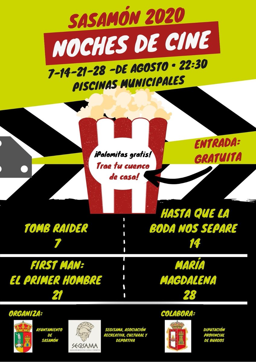 🎥 Cine de Verano en #Sasamón 🎬
🍿¡Palomitas gratis.Trae tu cuenco de casa!🍿
📆 Viernes de Agosto
🕚 A las 22:30
📌 Piscinas de Sasamón
Organizado por el Ayuntamiento de Sasamón y la <a href="/ARCDSegisama/">A.R.C.D. Segisama</a> con la colaboración de la Diputación de Burgos