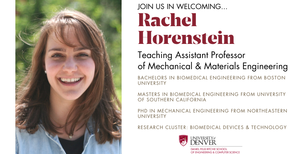 RitchieSchool's tweet photo. We are happy to announce that Dr. Rachel Horenstein will be joining us this Fall as a Teaching Assistant Professor of Mechancial &amp; Materials Engineering. Welcome to the Ritchie School community! #forwardfaster #DUfaculty #RitchieSchoolFaculty #newfaculty https://t.co/R9Z5wOBvk5