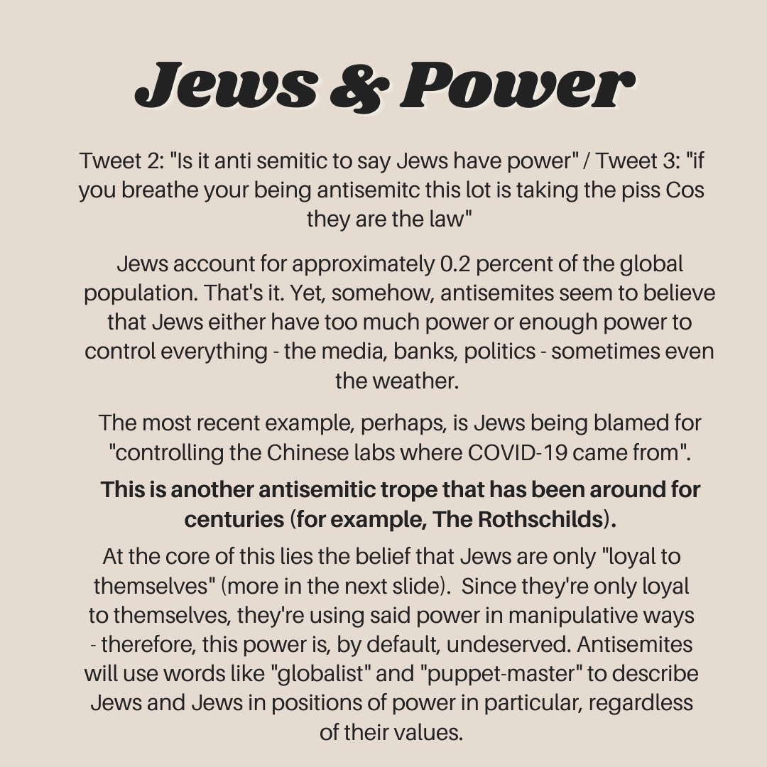 more about the money conspiracy, as well as the “Jews have power” tweet & why it’s antisemitic