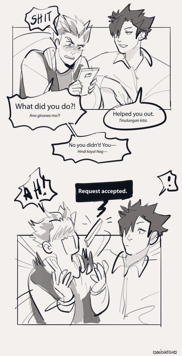 cookiesketches's tweet photo. Day 2 #bokuakaweek college au//

Haha super late. Debated whether I should still finish this since I knew I couldn't make it but since I already made the effort, here it is :))

Just a small continuation of the happenings at the day 1 comic 🤔 https://t.co/X5yS1mPsYv