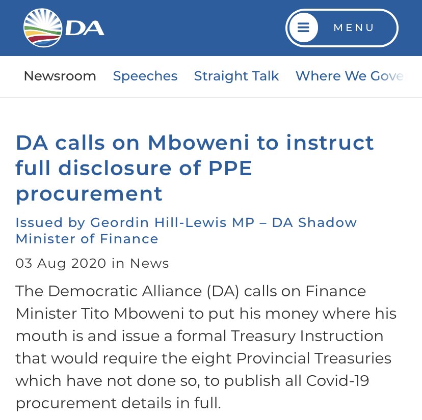 <a href="/Our_DA/">Democratic Alliance</a>-led Western Cape is the only province to publish publicly its PPE procurement. WC Finance MEC <a href="/DavidMaynier/">David Maynier</a> has accounted for every single cent spent and is the only MEC to do so. The DA has now requested <a href="/tito_mboweni/">Tito Mboweni</a> to instruct the 8 other MEC’s to do so. Will they? 👀