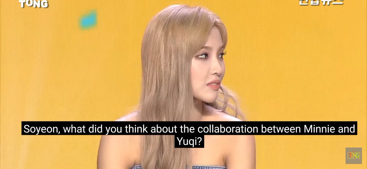 soyeon refusing to judge her members work, but then choosing to say, from a member perspective, how much she loved their work 