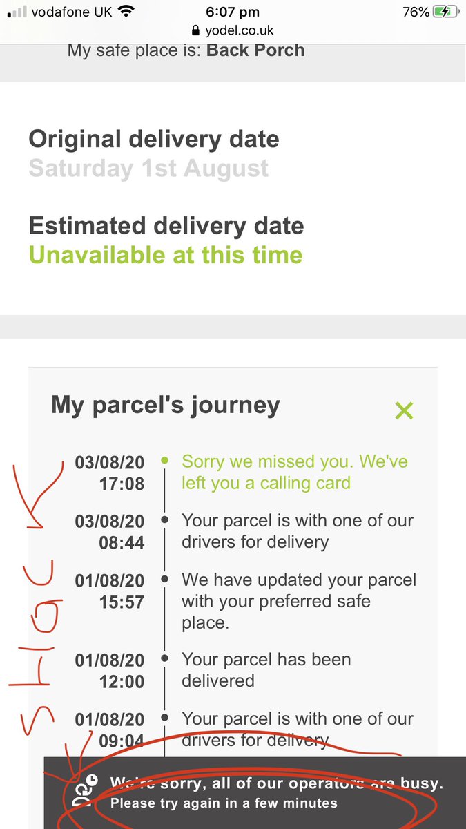 daisymonkx's tweet photo. @YodelOnline WORST SERVICE EVER!! Firstly my order was split into 2 on Saturday but given the same tracking no?! Secondly why was only 1 delivered on Sat?! Thirdly why did the 2nd parcel go out today at 8:44am &amp; apparently sorry we missed you card left at 5:08, NO it wasn’t 😡😡 https://t.co/FCnlanUQPy