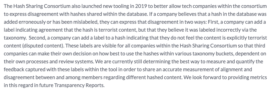 There is a new tool that lets member companies say if they think an image, video, or URL should *not* be on the blocklist. They attach a label to the hash, which other platforms can then see and bake into their own assessment or review queueing. That's a really important fix. 19/