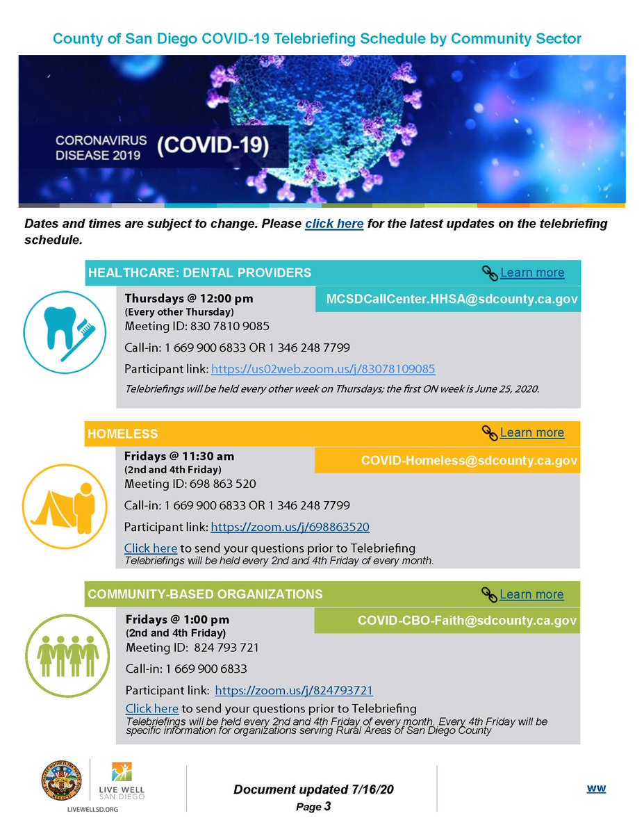 livewell_sd's tweet image. For updates on various sectors (i.e. Business, Education, Community &amp;amp; Faith Based Orgs., etc.) &amp;amp; the County COVID-19 resources &amp;amp; guidelines, see the weekly schedule of Sector Support Telebriefings. More info: bit.ly/3k0WZh4 

#LiveWellSD #SectorSupport #covid19
