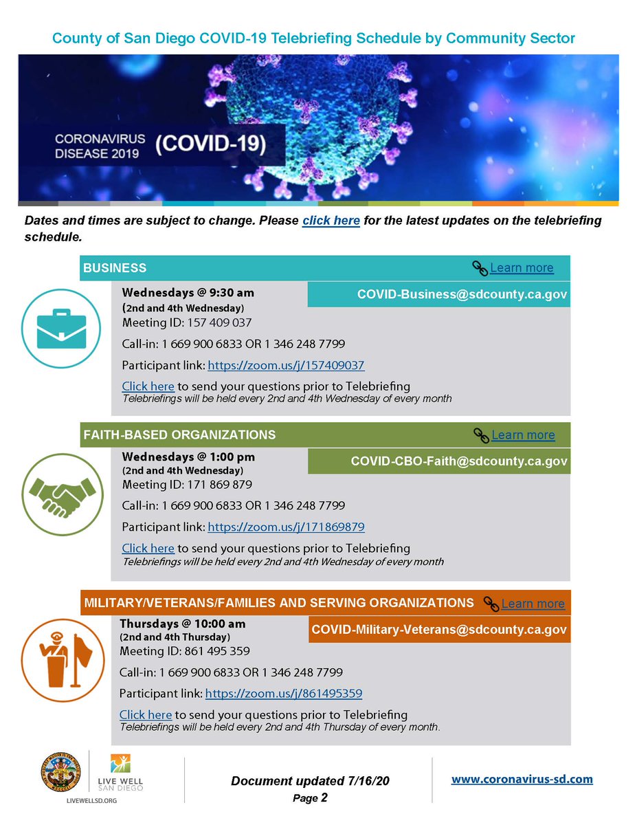 livewell_sd's tweet image. For updates on various sectors (i.e. Business, Education, Community &amp;amp; Faith Based Orgs., etc.) &amp;amp; the County COVID-19 resources &amp;amp; guidelines, see the weekly schedule of Sector Support Telebriefings. More info: bit.ly/3k0WZh4 

#LiveWellSD #SectorSupport #covid19