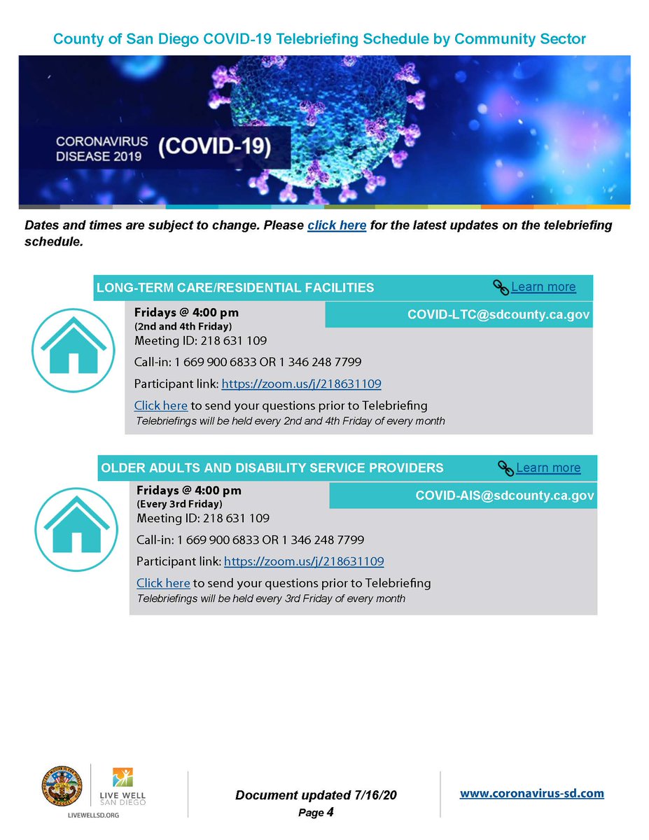 livewell_sd's tweet image. For updates on various sectors (i.e. Business, Education, Community &amp;amp; Faith Based Orgs., etc.) &amp;amp; the County COVID-19 resources &amp;amp; guidelines, see the weekly schedule of Sector Support Telebriefings. More info: bit.ly/3k0WZh4 

#LiveWellSD #SectorSupport #covid19