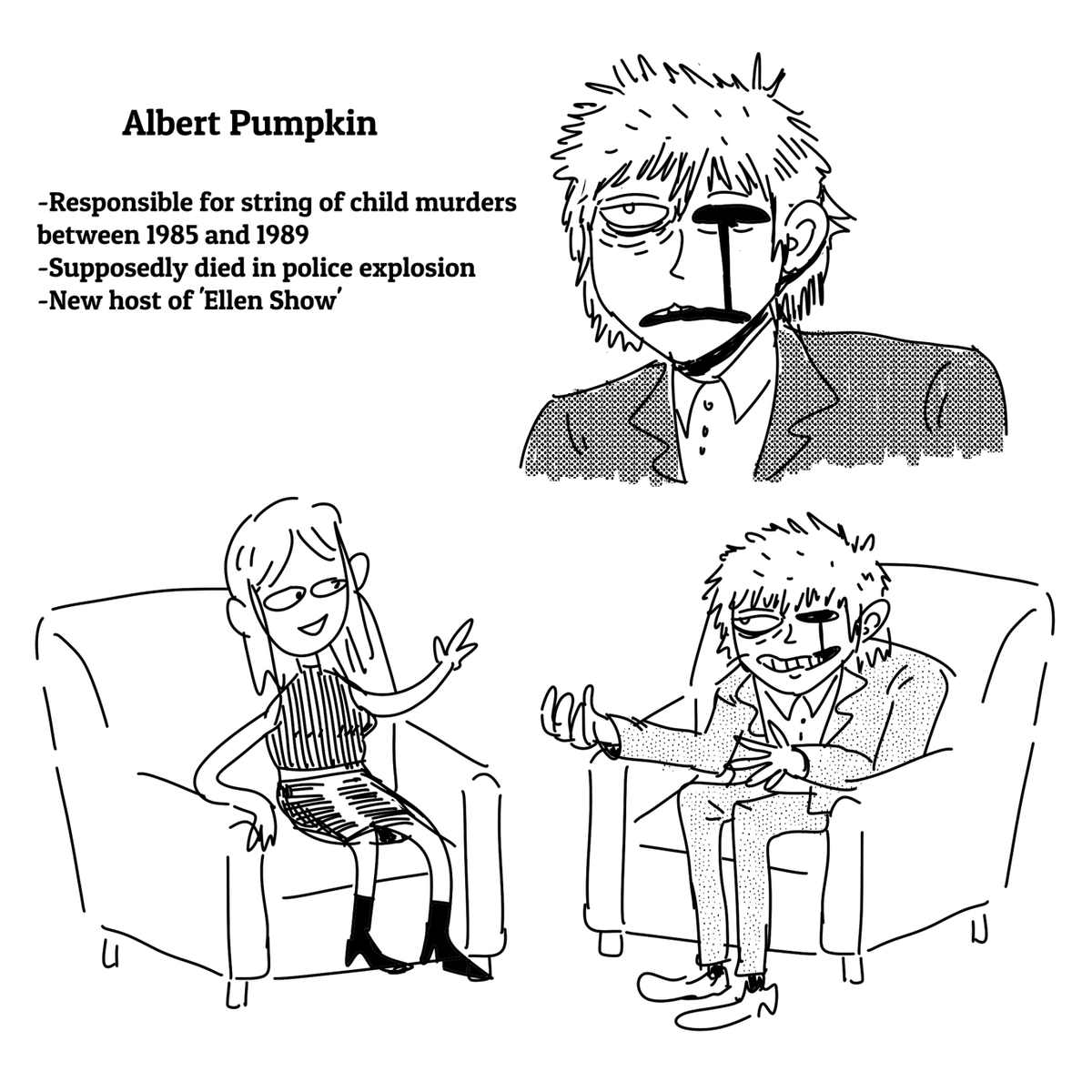 MAJOR PR GOOF: NBC has replaced Ellen Degeneres, host of the 'Ellen Show' with notorious serial child murderer Albert Pumpkin, who was presumed dead 