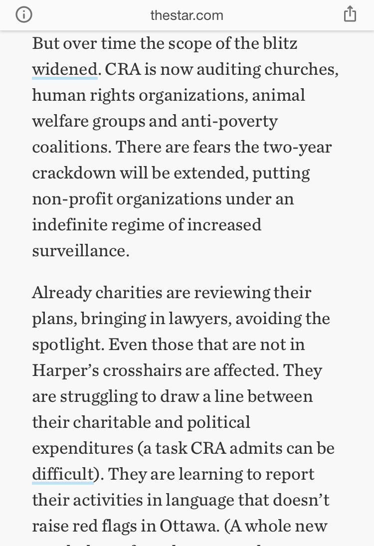 The hypocrisy of  #CPC in this regard is quite stunning. The Harper gov’t targeted the charitable status of charities critical of his gov’t. ( https://www.thestar.com/opinion/commentary/2014/07/15/stephen_harper_intimidates_charities_into_silence_goar.html)Funneling convient complaints through groups like Ezra Levant’s “Ethical Oil”  https://thetyee.ca/Opinion/2011/09/29/Ethical-Oil-Falsehoods/ #cdnpoli