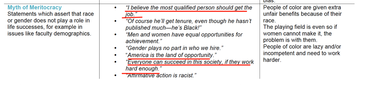The trainers claim that the "myth of meritocracy" is a foundational "microinequity." It's racist to say "the most qualified person should get the job," "America is a land of opportunity," or "everybody can succeed in this society if they work hard enough."