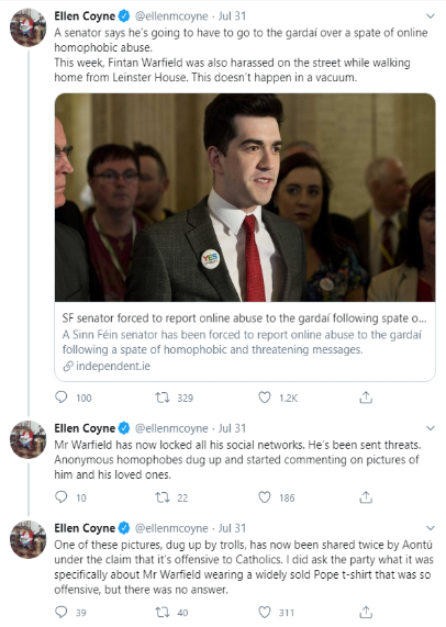 This week, the Irish Independent’s  @ellenmcoyne wrote a story about how “homophobes” and “trolls” had dug up unsavory photos of a SF Senator who was then subjected to abuse online. She seems to think that those who published the photo are to blame for this abuse. 1/8