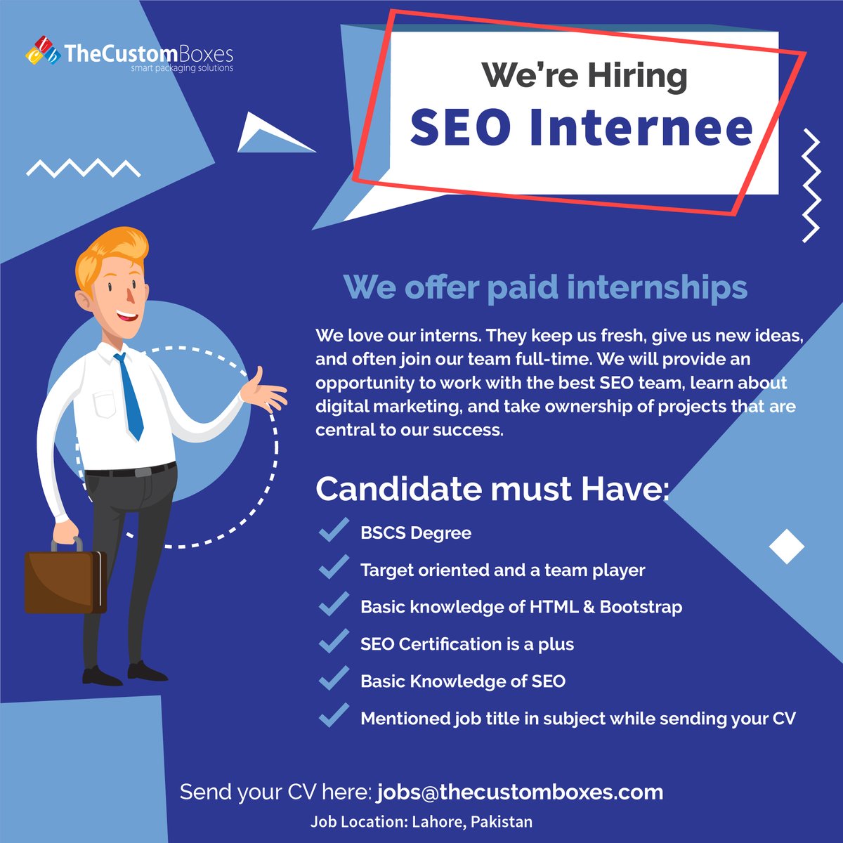 TCB_is_Hiring's tweet photo. TCB is Hiring for the following posts:
1. Content Writers FreeLancer
2. Graphic Designer (Social/Print Media)
3. TSR/CSR for Live Chat/Call Support
4. Video Editor
5. SEO Executive 
Hurry up, are you Looking for any job from the above list? Send your CV to Jobs@TheCustomBoxes.com https://t.co/t93B2wVbzq