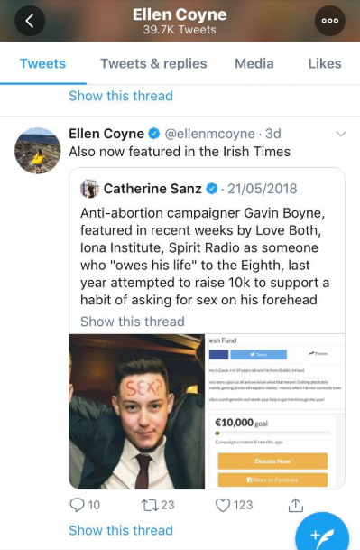 This struck me as hypocritical because in 2018, Ellen shared a photo of me on twitter which had been dug up by trolls who trawled my personal social media accounts. The reason the photo had been dug up was because I was campaigning for a ‘No’ vote in the  #Repeal referendum. 2/8