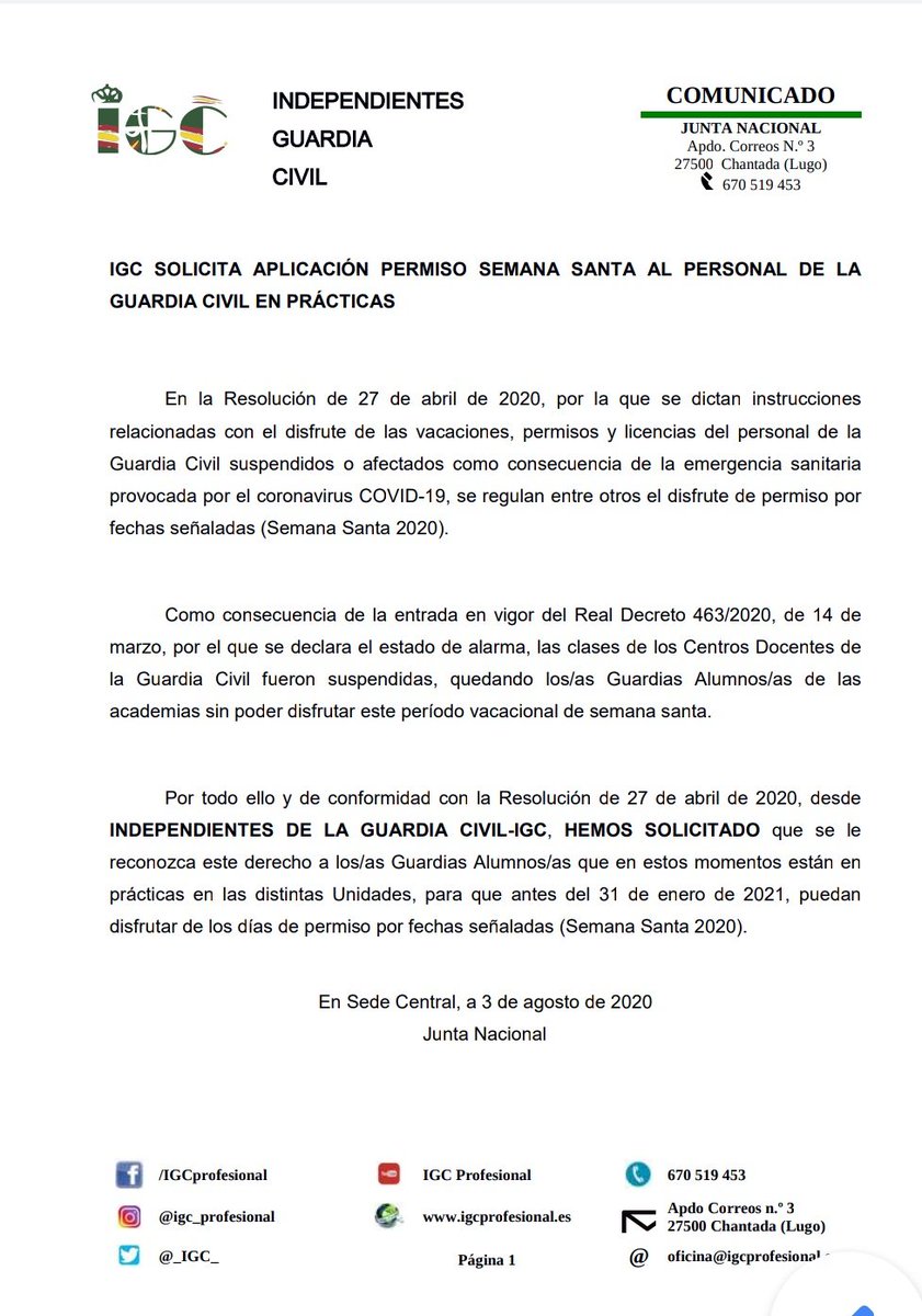 🔉IGC informa🔉
📍 #IGC solicita aclaración permisos de #semanasanta2020 de los #guardiasciviles en prácticas.

#Covid_19