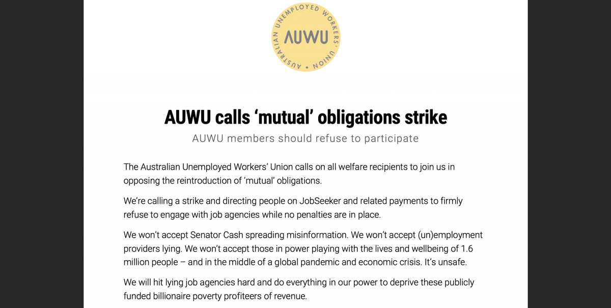 AusUnemployment's tweet image. MEDIA RELEASE: AUWU calls 'mutual' obligations strike #MOstrike 

Full statement here: auwu.substack.com/p/auwu-calls-m…